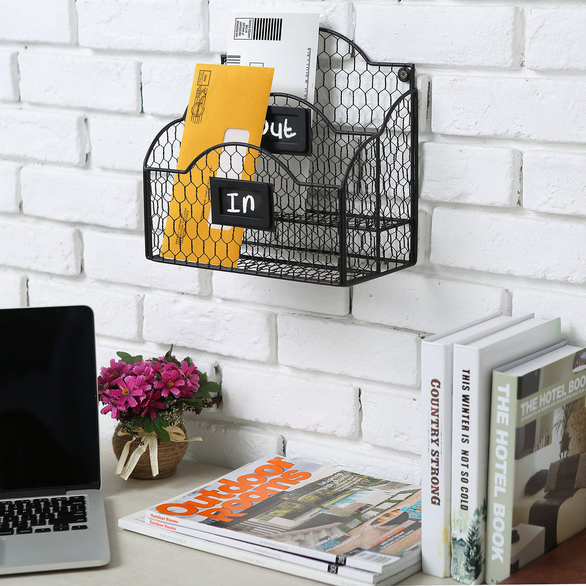 MyGift Black Mail Organizer, 2 Compartment Desk File Holder with Labels