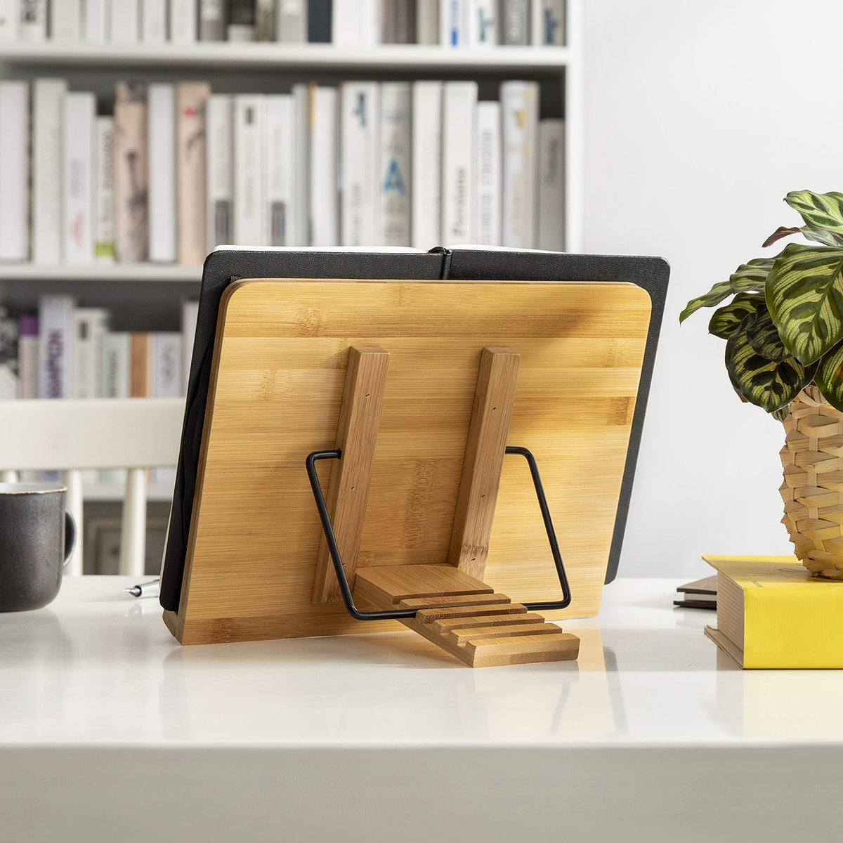 wishacc Bamboo Book Stand, Adjustable Book Holder Tray and Page Paper Clips-Cookbook Reading Desk