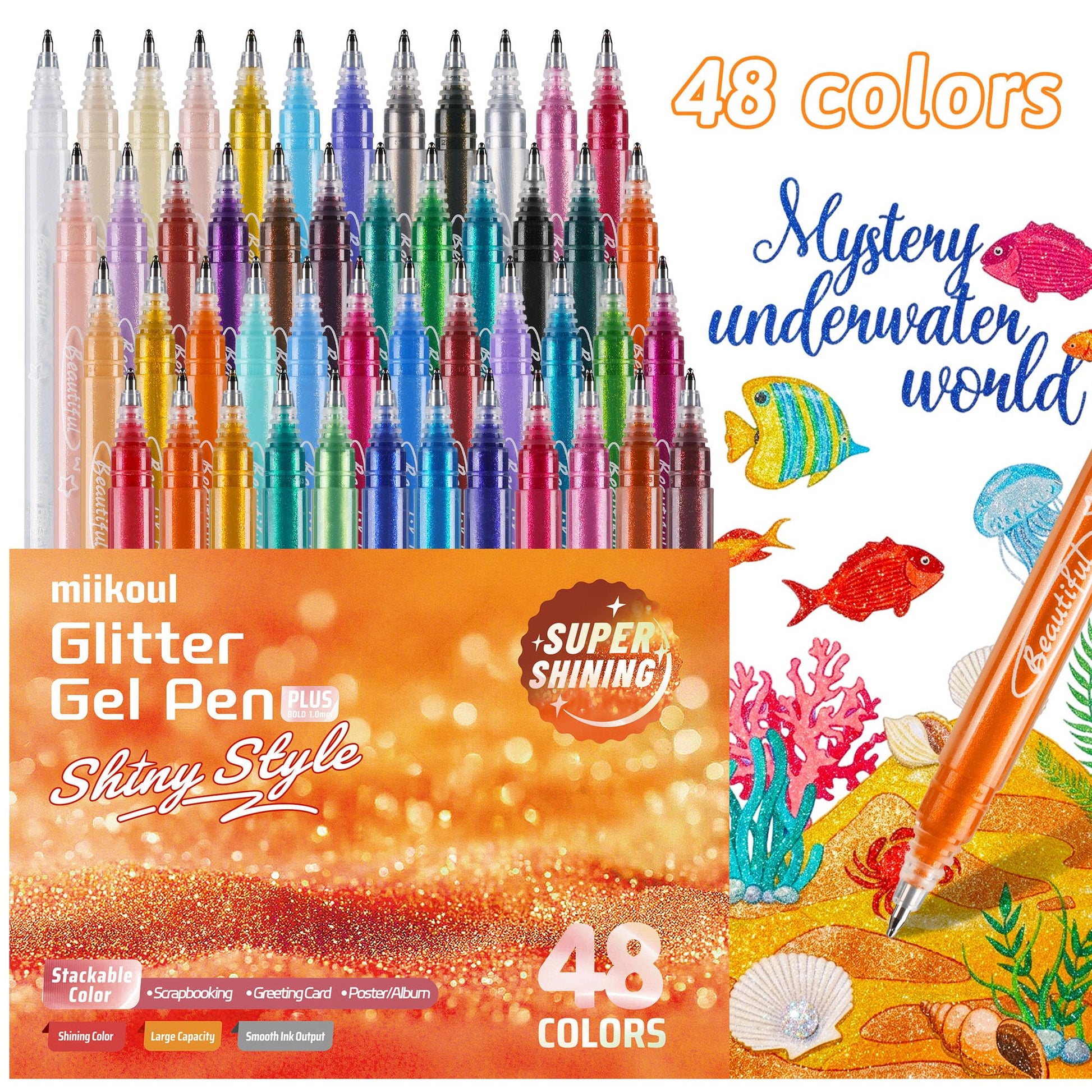 miikoul Jumbo Glitter Gel Pens, 48 Pack 1.0mm Fine Tip Large Capacity Colored Drawing Pens Sparkly