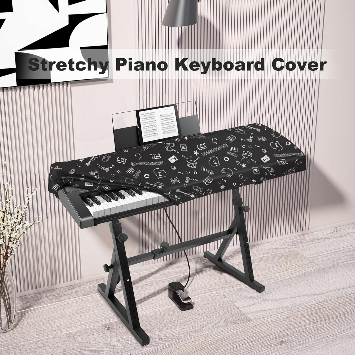 Explore Land 88 Keys Piano Keyboard Cover with Music Stand Opening, Symbols