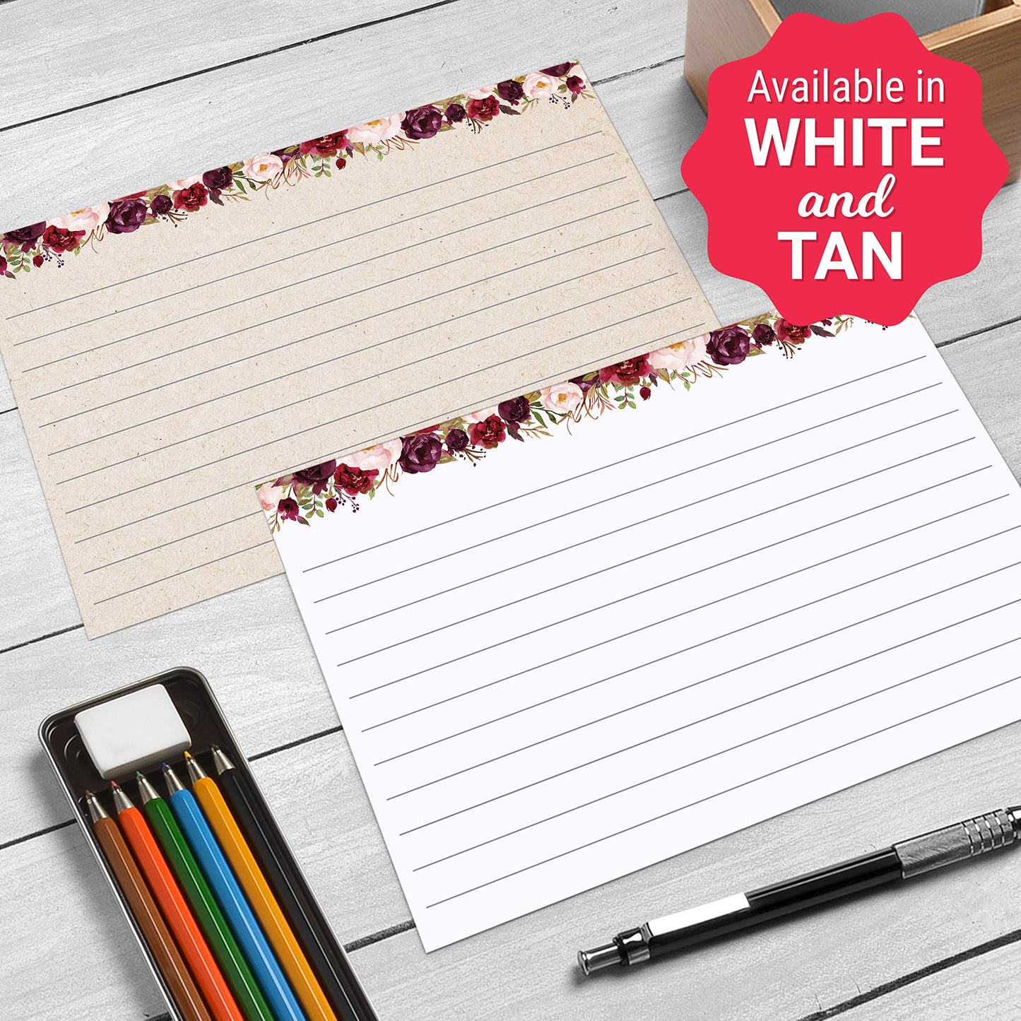 321Done Ruled Index Cards, Large 5x7, Set of 50, Red Roses on Tan