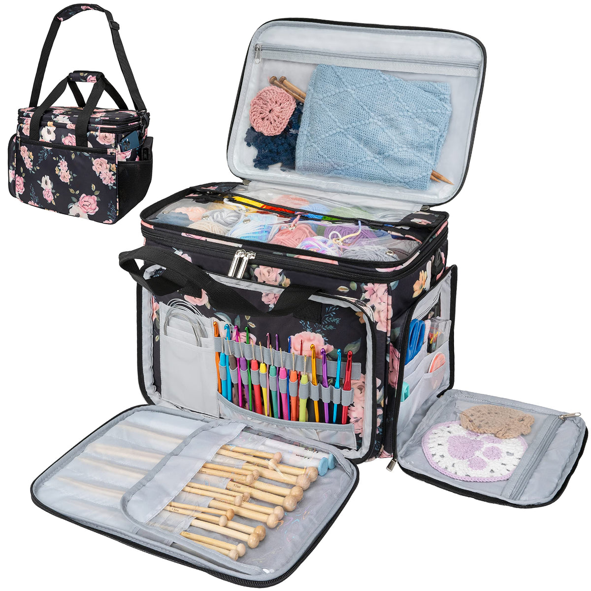 PAVILIA Knitting Yarn Storage Bag Crochet Knitter Organizer, Floral Black