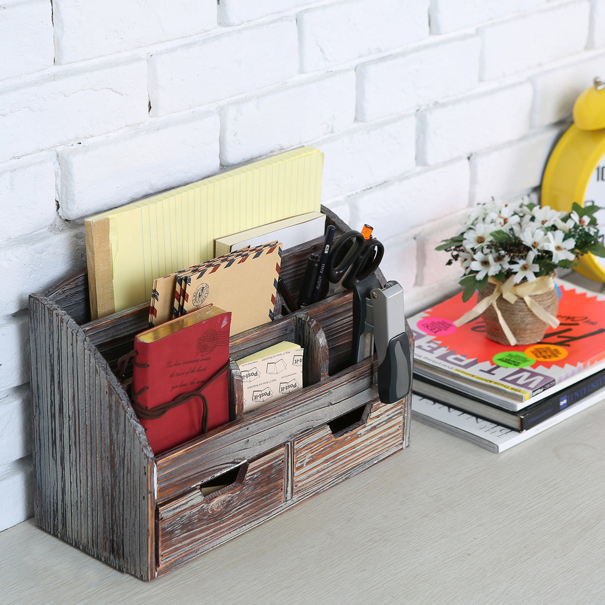 MyGift Office Supply Organizer with Drawers, Torched Wood Desktop Storage