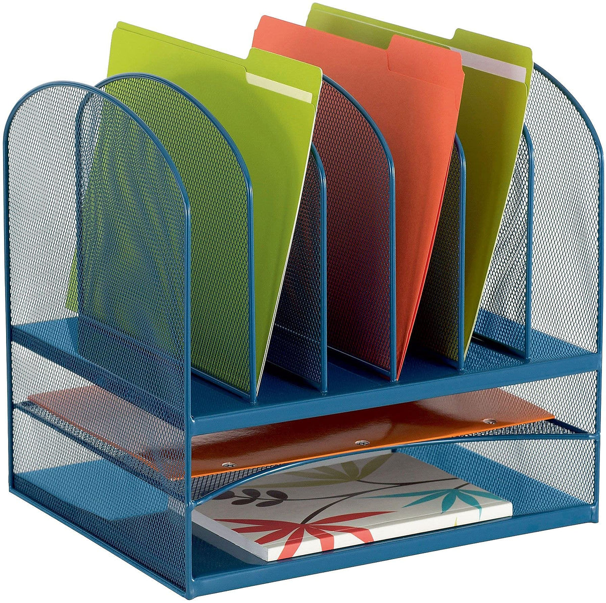 Safco Onyx Mesh 2 Tray, 6 Sorter Desktop Organizer 3255BU, Blue Powder Coat Finish, Durable Steel