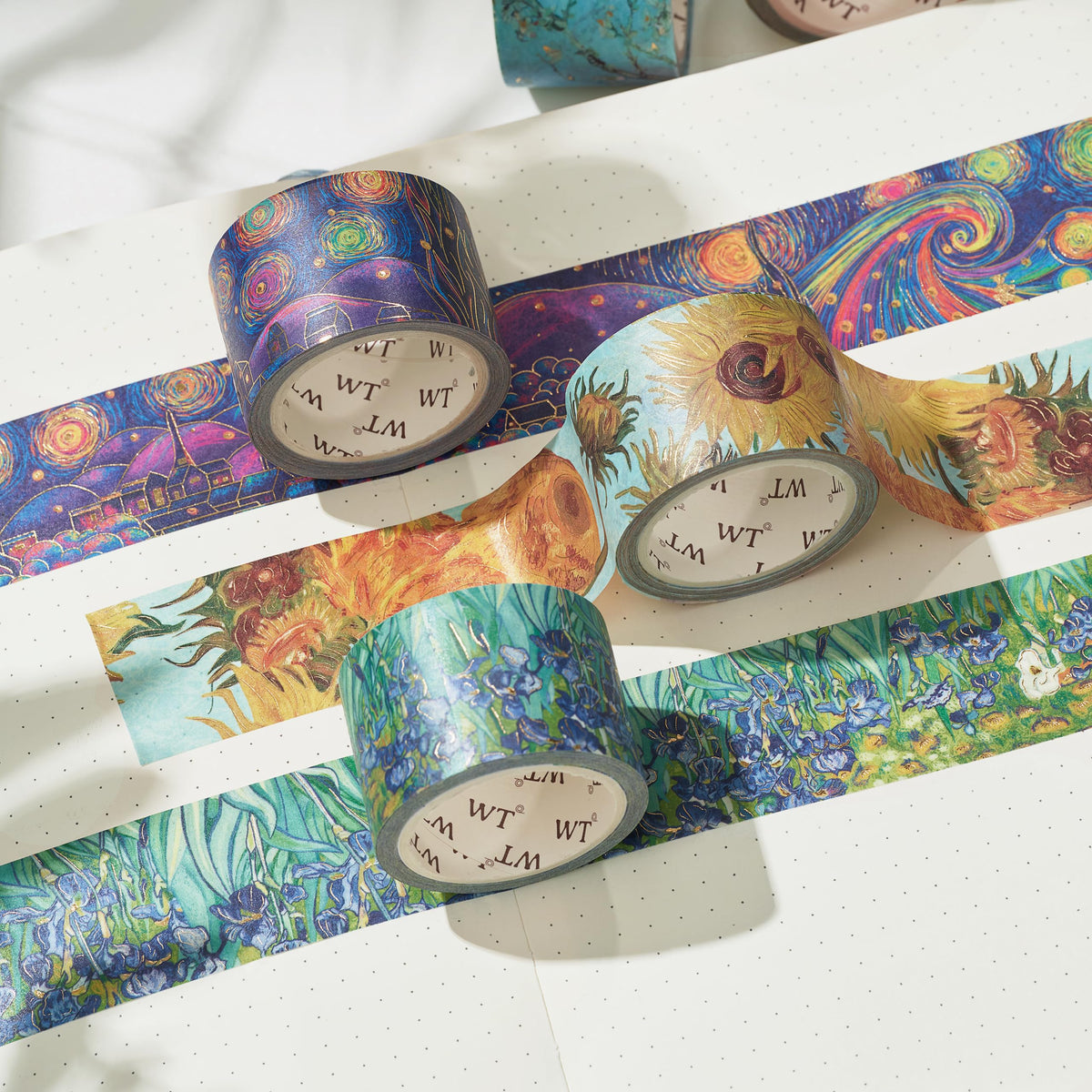 WT Van Gogh Washi Tape Set, Original Design, 3 Rolls, Gold Foil, 30mm Wide Decorative Masking Tape