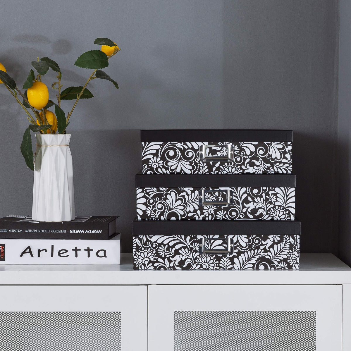 Soul & Lane - Black and White Floral Storage Boxes with Lids, Set of 3