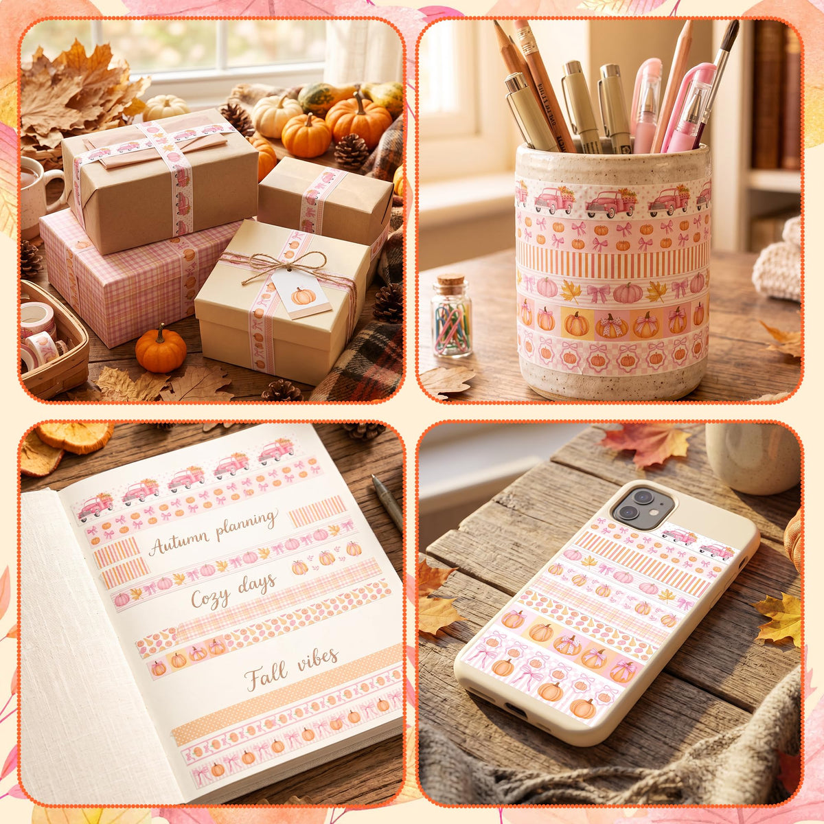 BkeeCten Fall Bow Pumpkin Washi Tape, 12 Rolls Watercolor Decorative Tape