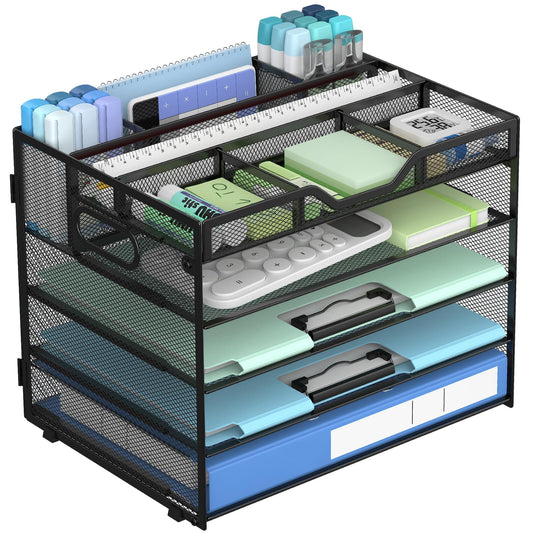 Docnest 5 Tier Mesh Desk Organizer with Removable Tray&Pen Holder, Black