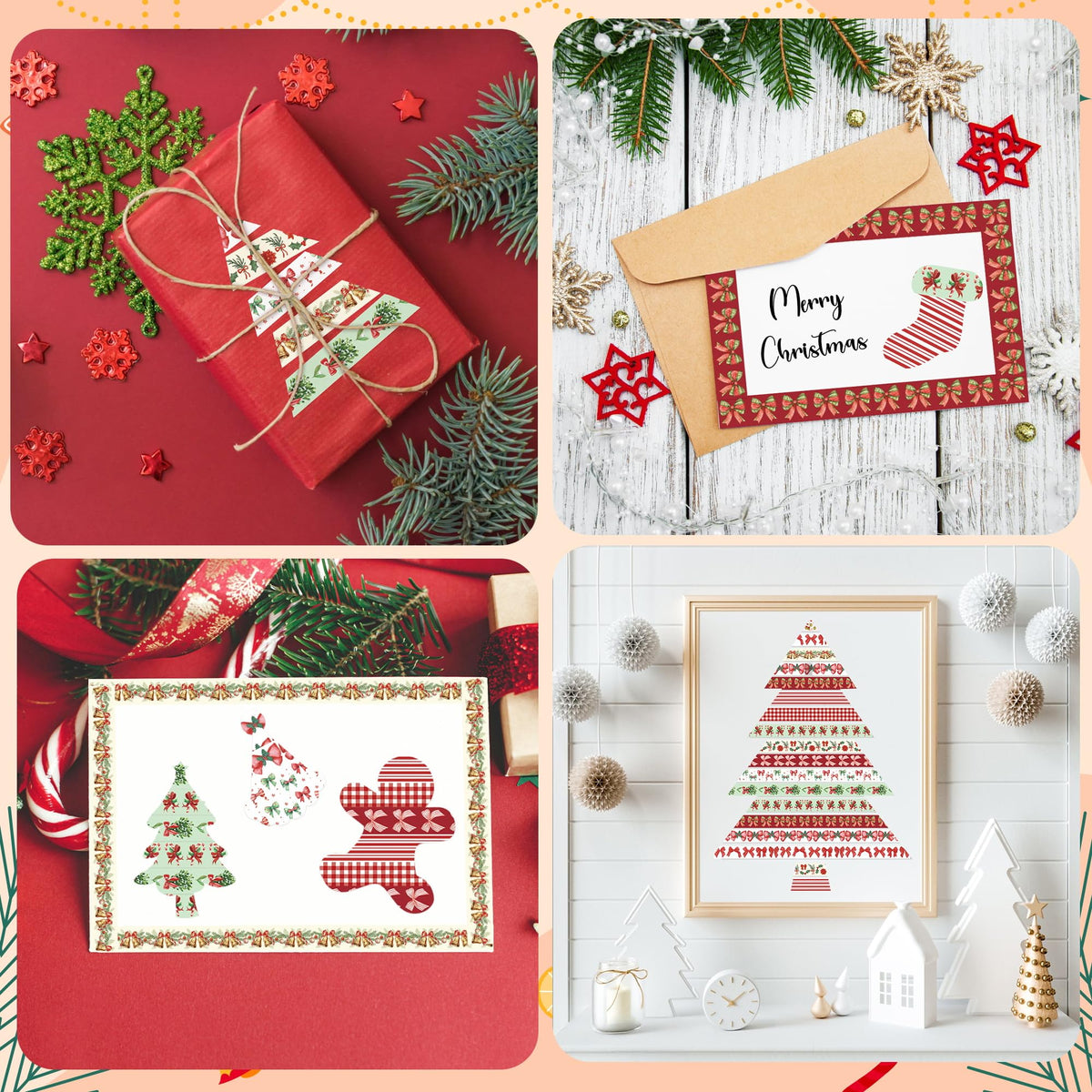 BkeeCten Christmas Bow Washi Tape - 12 Rolls Festive Holiday Designs with Holly Candy Cane