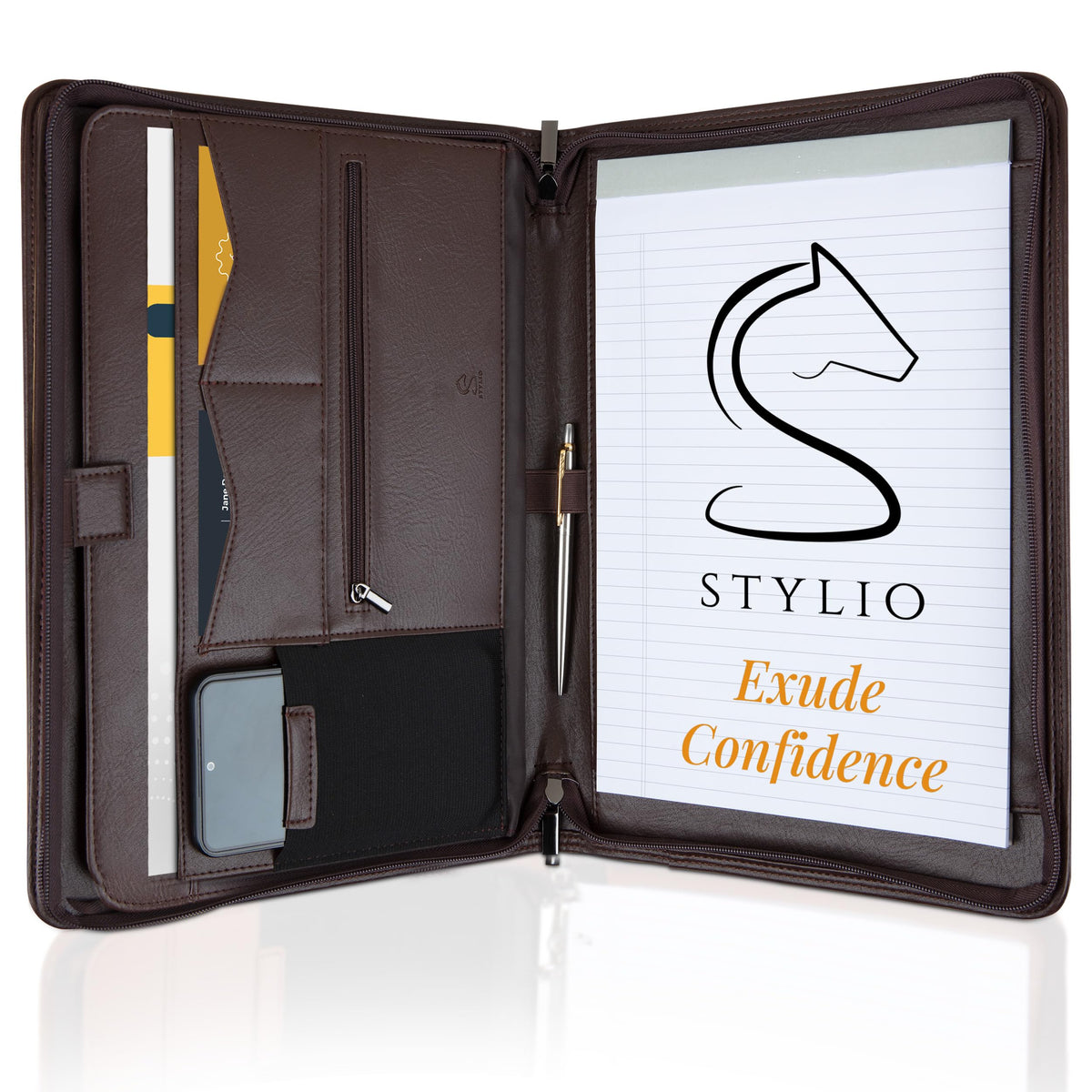 STYLIO Zipper Padfolio Portfolio Binder Organizer (Walnut Color) | Faux Leather Portfolio for