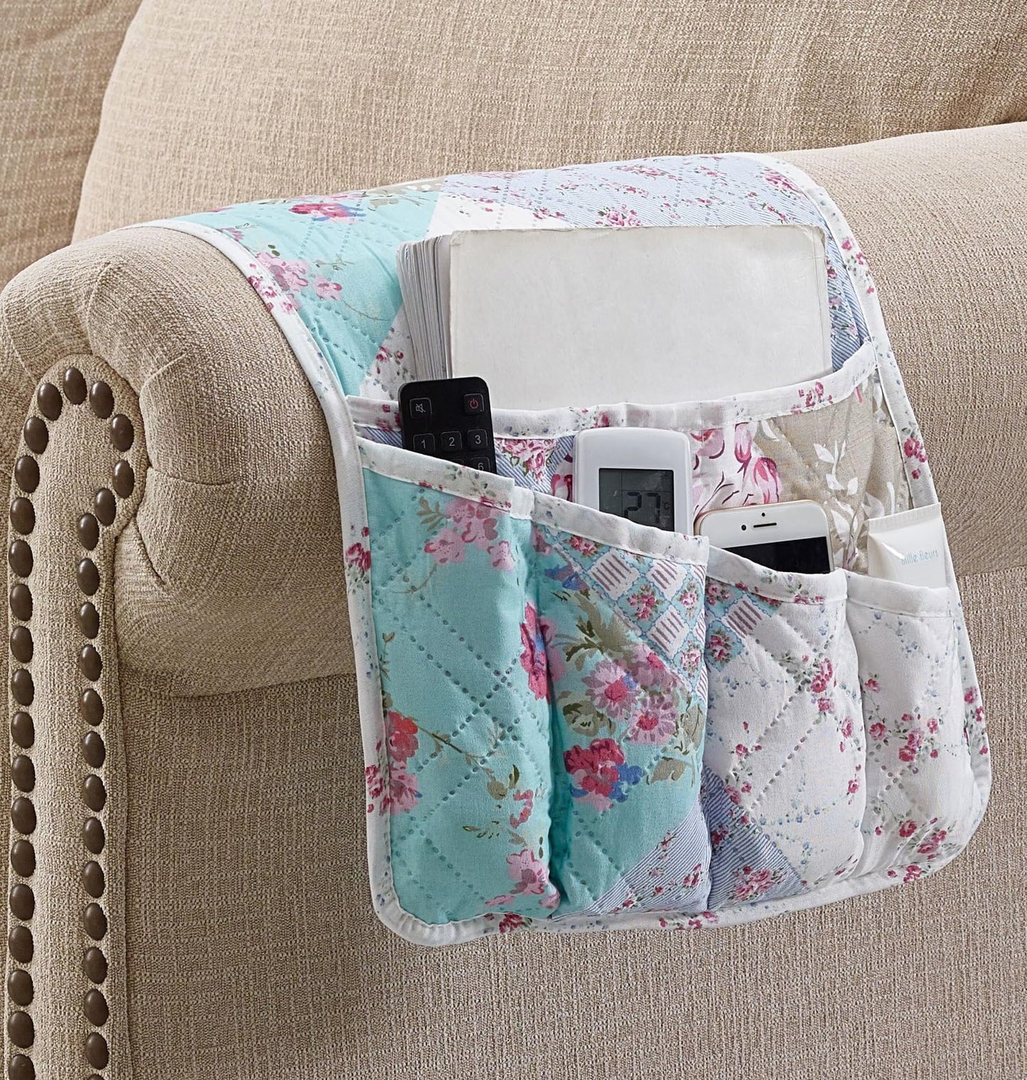 Brilliant Sunshine Blue & Green Roses Couch Armrest Cover, 35"×13"