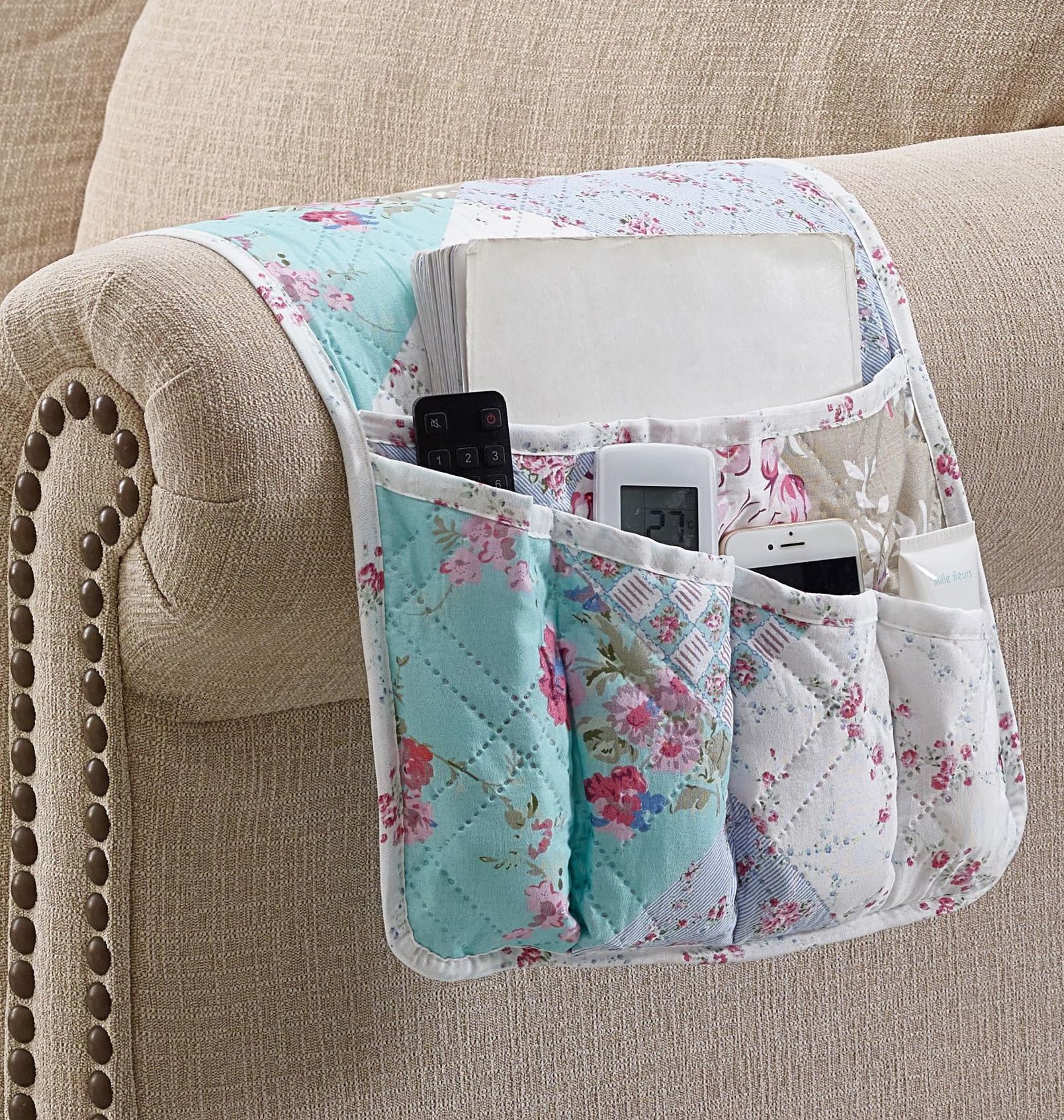 Brilliant Sunshine Blue & Green Roses Couch Armrest Cover, 35"×13"
