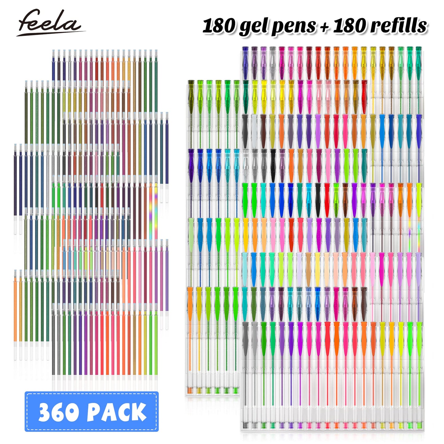 feela 360 Colors Gel Pens Set 180 Unique Gel Pen Plus 180 Refills for Adult Coloring Books Drawing