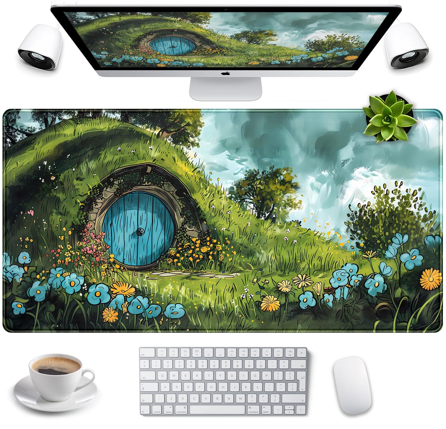 Cute Landscape Cartoons Desk Mat Aesthetic Gaming Mouse Pad XXL Large Extended Green Sage Desk Pad