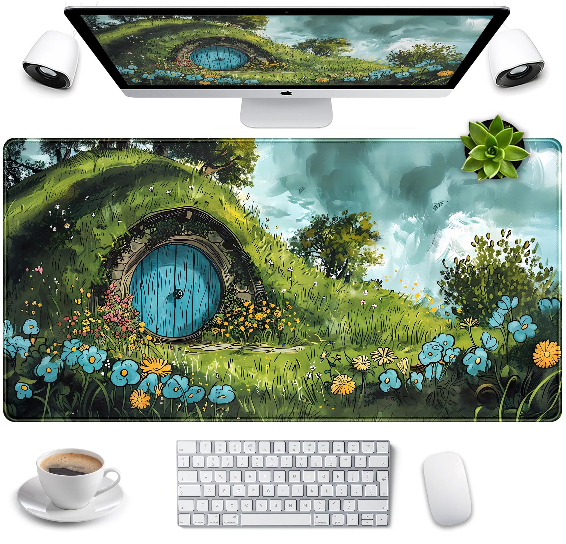 Cute Landscape Cartoons Desk Mat Aesthetic Gaming Mouse Pad XXL Large Extended Green Sage Desk Pad