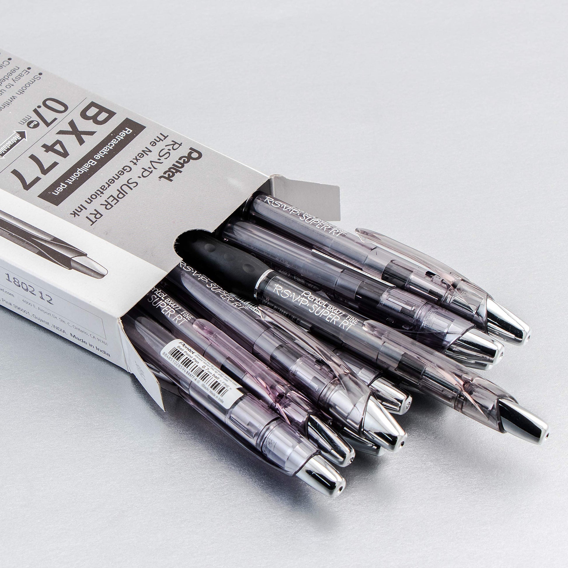 Pentel RSVP Super RT Ballpoint Pen, (0.7mm) Fine Line, Black Ink, Box of 12 (BX477-A)