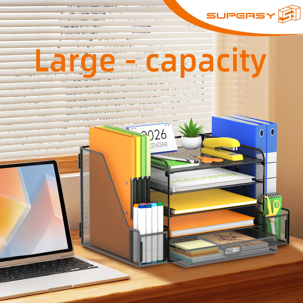 SUPEASY Mesh Desk Organizer with File Holder, 5-Tier Paper Letter Tray Organizer with Magazine
