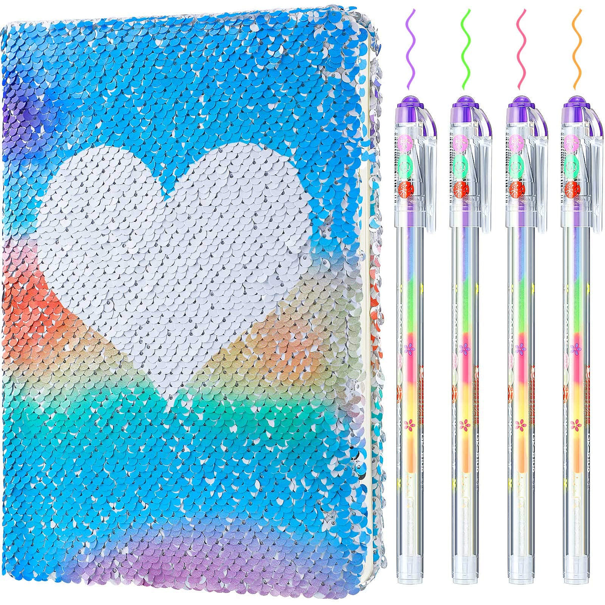 Outus 4 Pcs Sequin Girls Journal Valentines Journal Gift with Color Gel Ink Pens Glitter Notebook