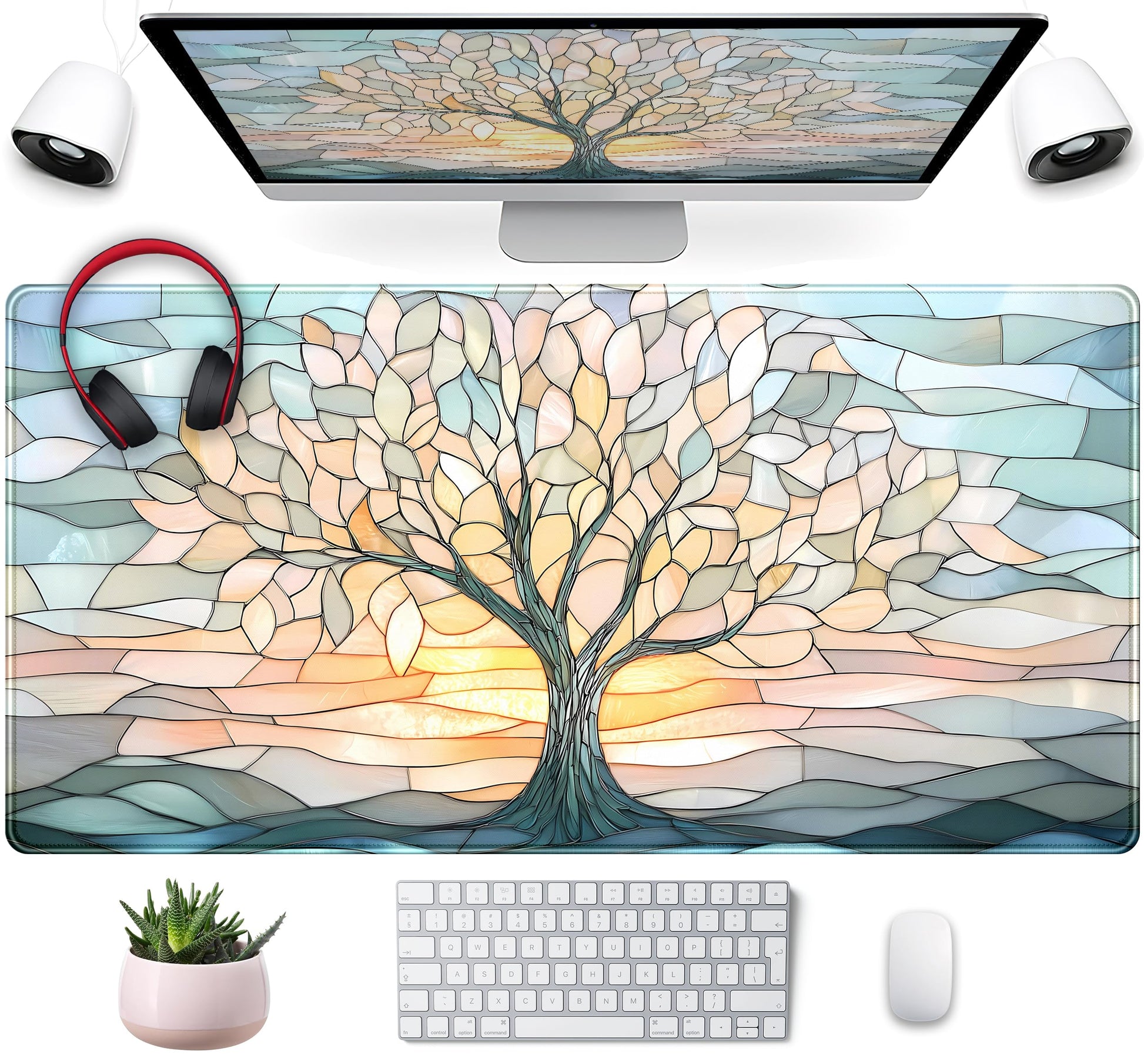 Desk Mat Cute Tree of Life Mouse Pad Gaming XXL Large Extended Desk Matt for Desktop, Faux Stained