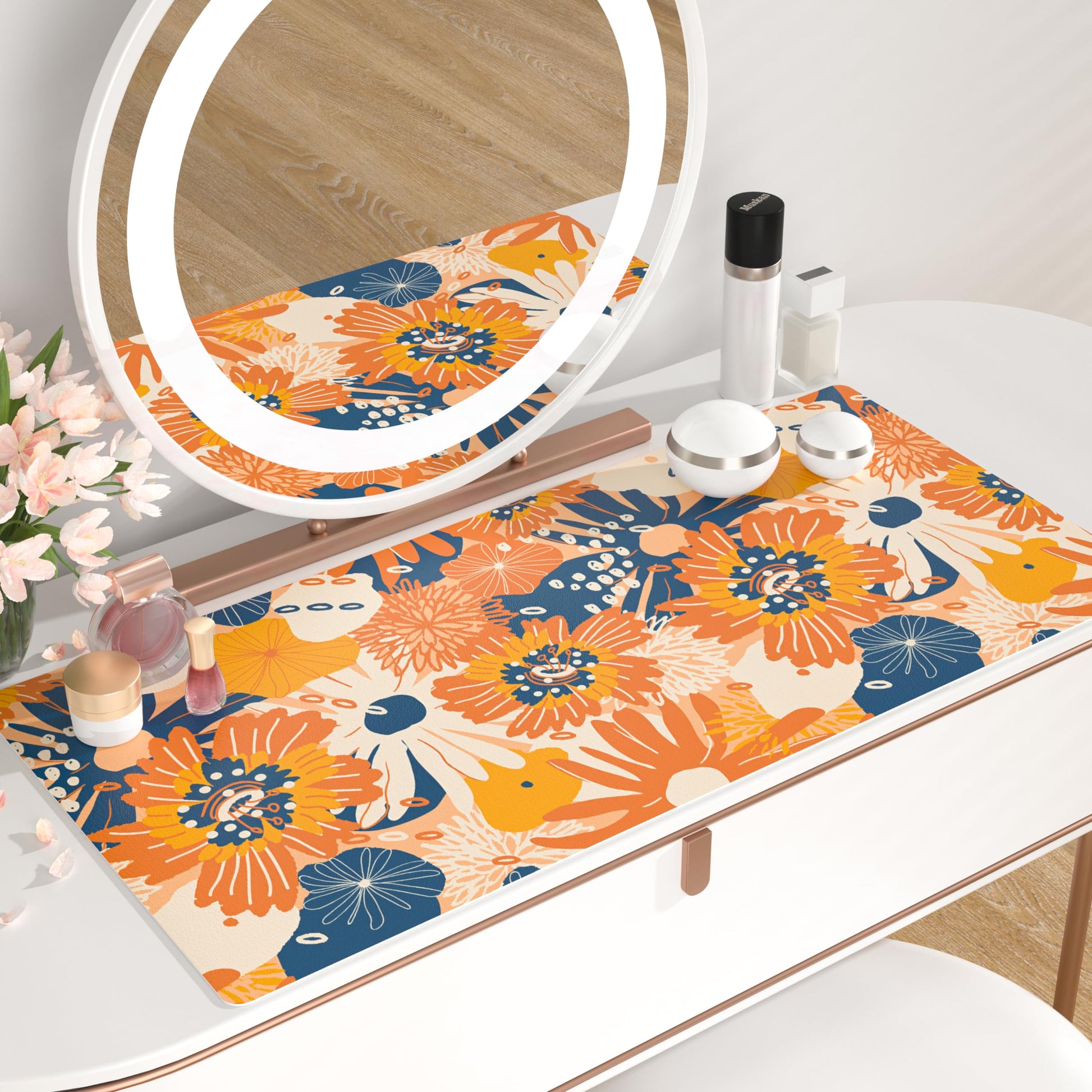QiyI PU Leather Large Mouse Pad, Office Decor, 31.5" x 15.7", Orange Flower