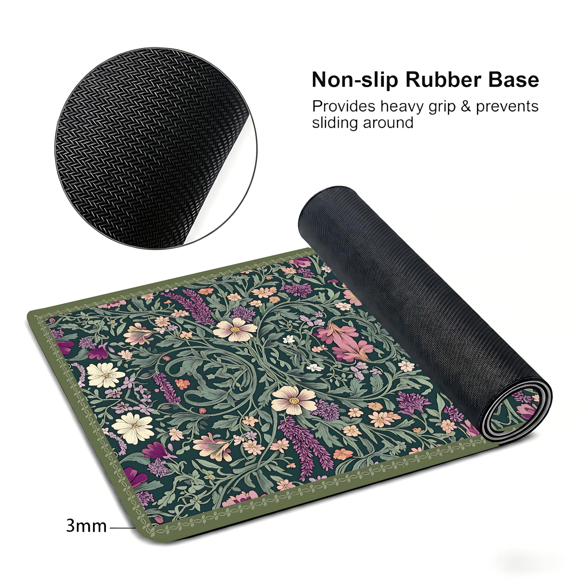 Cute Floral Aesthetic Lavender Gaming Mouse Pad, Dark Green Rug Desk Mat with Anti-Slip Base &