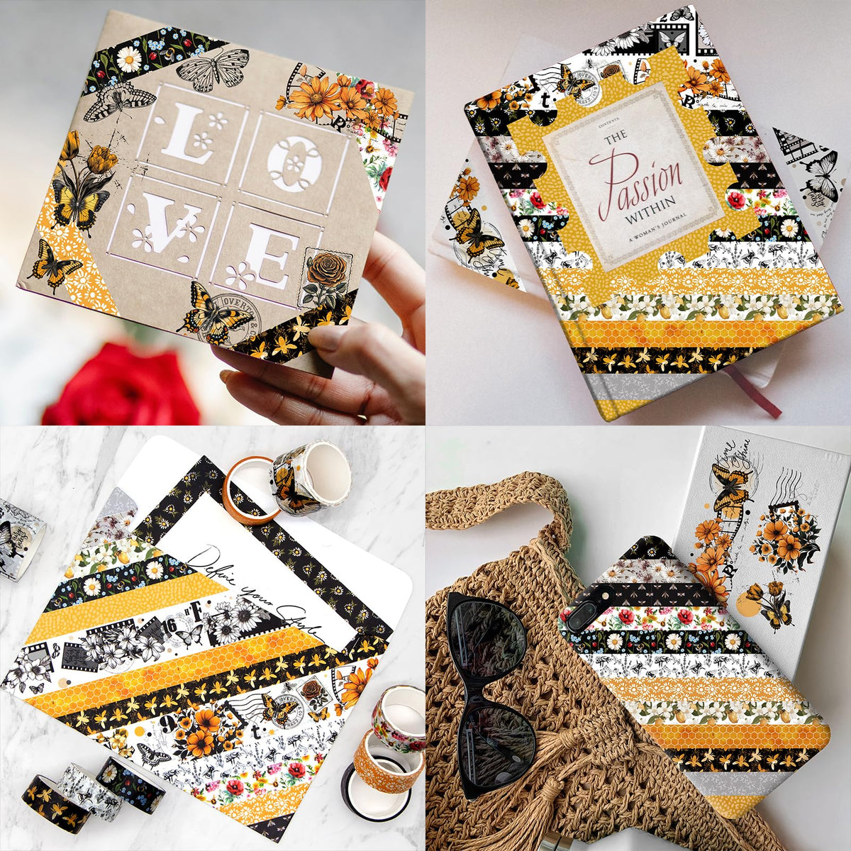 KOVANO Washi Tape Set 14 Rolls, Vintage Bee Floral Butterfly Botanical Washi Tape, Yellow Black