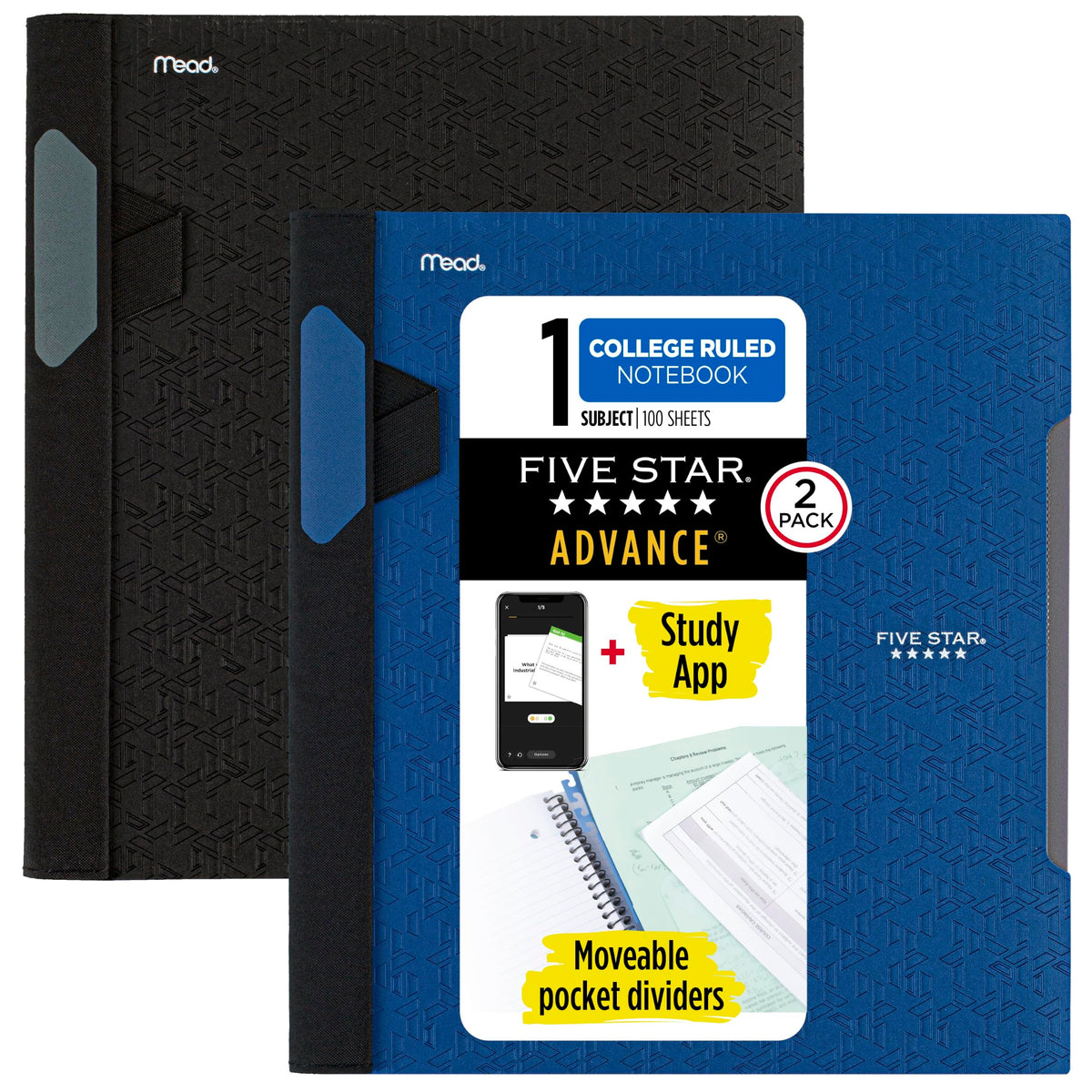 Five Star Advance Spiral Notebooks + Study App, 2 Pack, 1 Subject, College Ruled Paper, 11" x