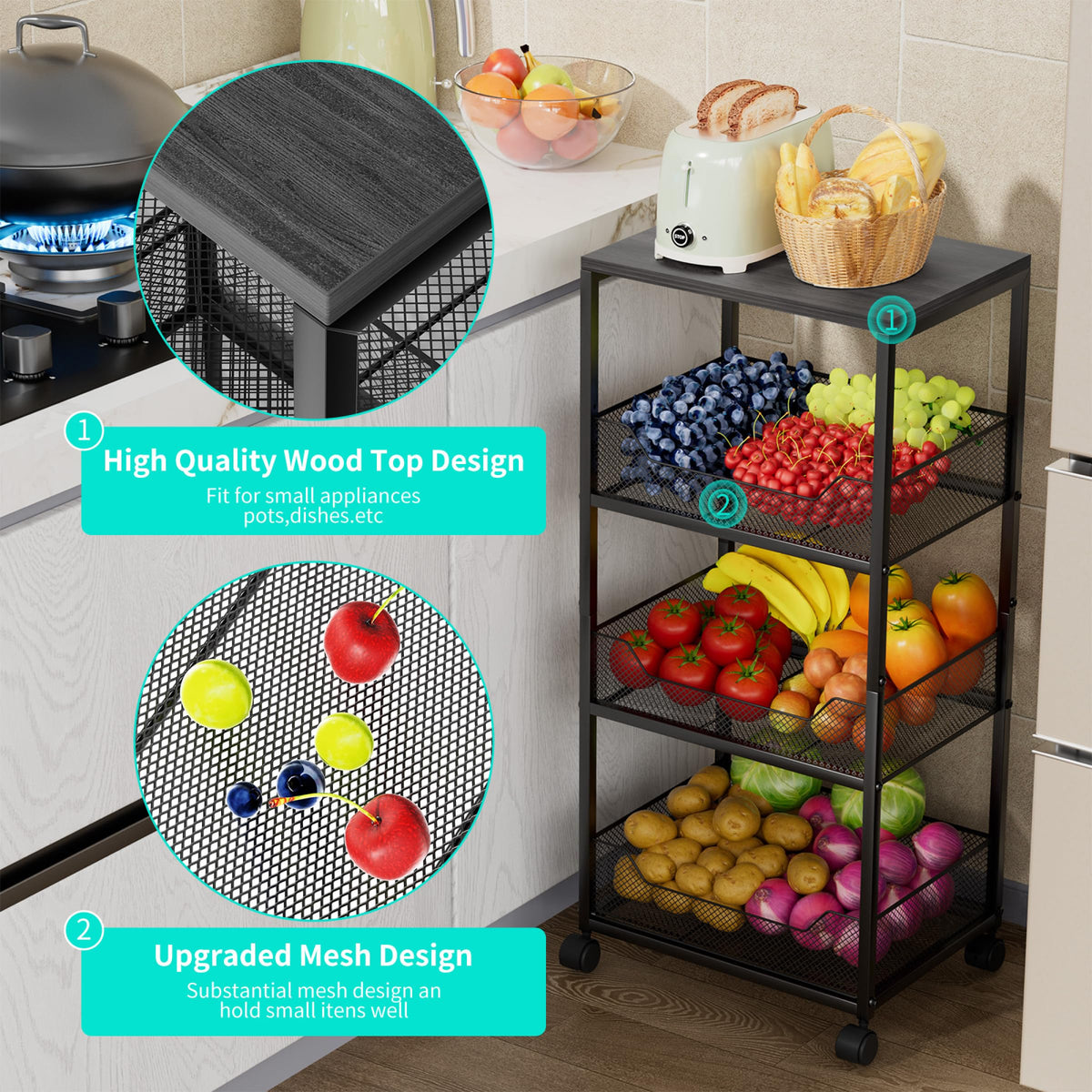 HapiRm Fruit Basket Kitchen Cart - 4-Tier Rolling Storage Cart with Wheels, Fruit Vegetable Basket