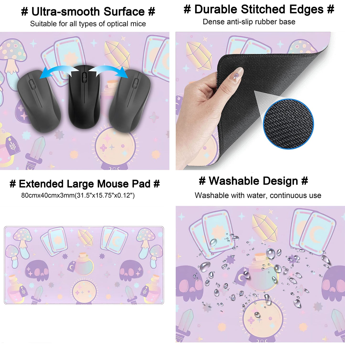 Kawaii Purple Desk Mat,Cute Witchy Elements Mouse Pad, Desk Pad Mystical Goth,XXL Gamig Desktop