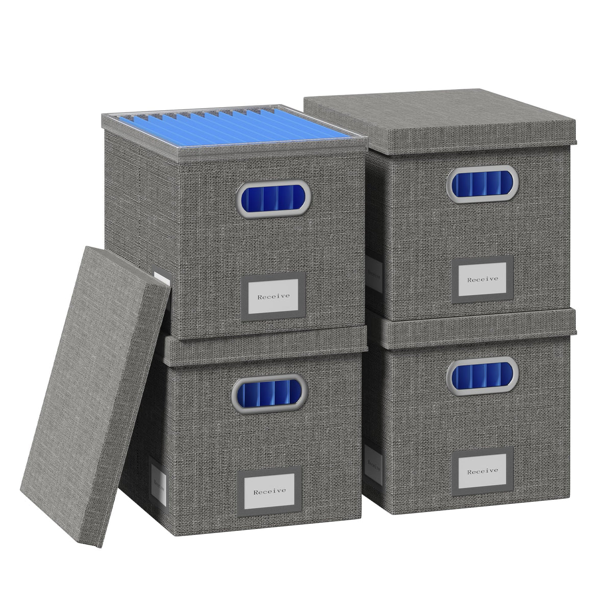 GRSQYS File Box with Lid, Grey, 13.2 * 10.1 * 10.1in (4Pack)