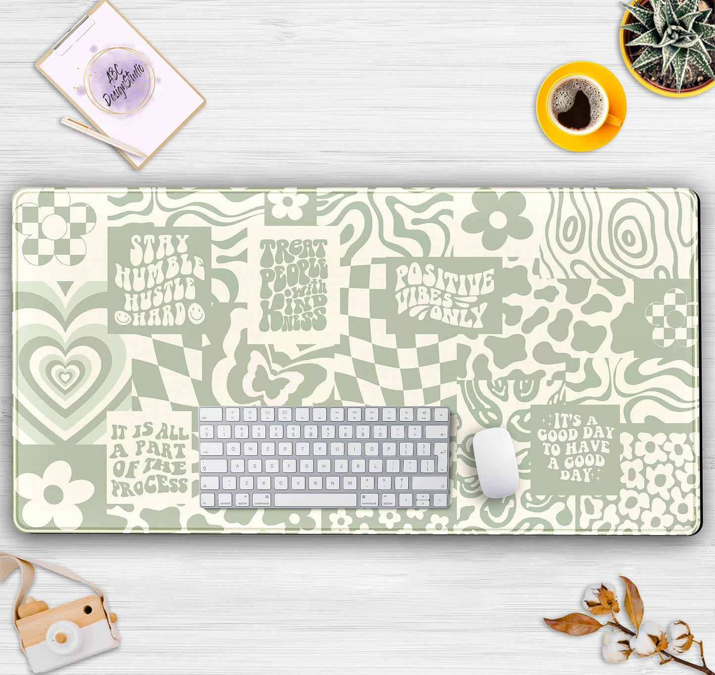 DCJJM Boho Aesthetic Desk Mat Beige Retro Hippie Boho XXL Large Extended Gaming Green Sage Mouse