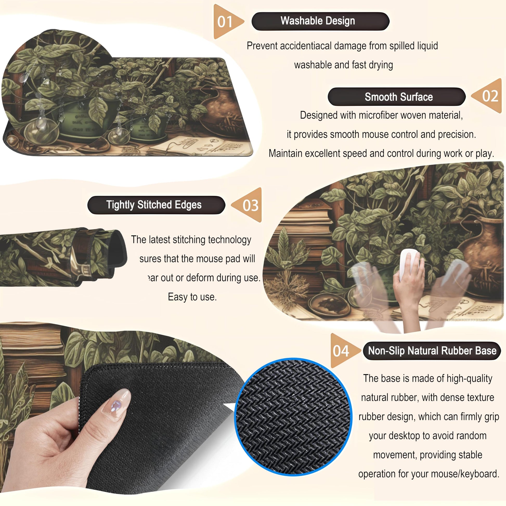Retro Olive Green Plant XL Large Extended Gaming Mouse Pad Cool Plants Lovers Desk Mat with