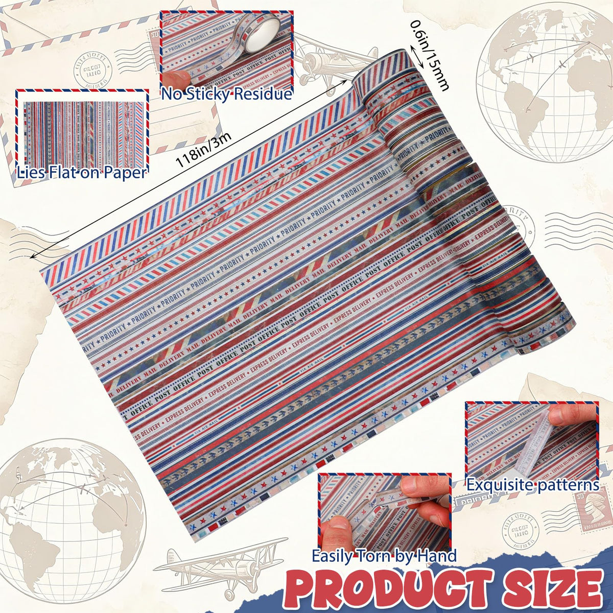 Janlaugh 24 Rolls Airmail Postal Washi Tape Vintage Air Mail Gifts Bulk