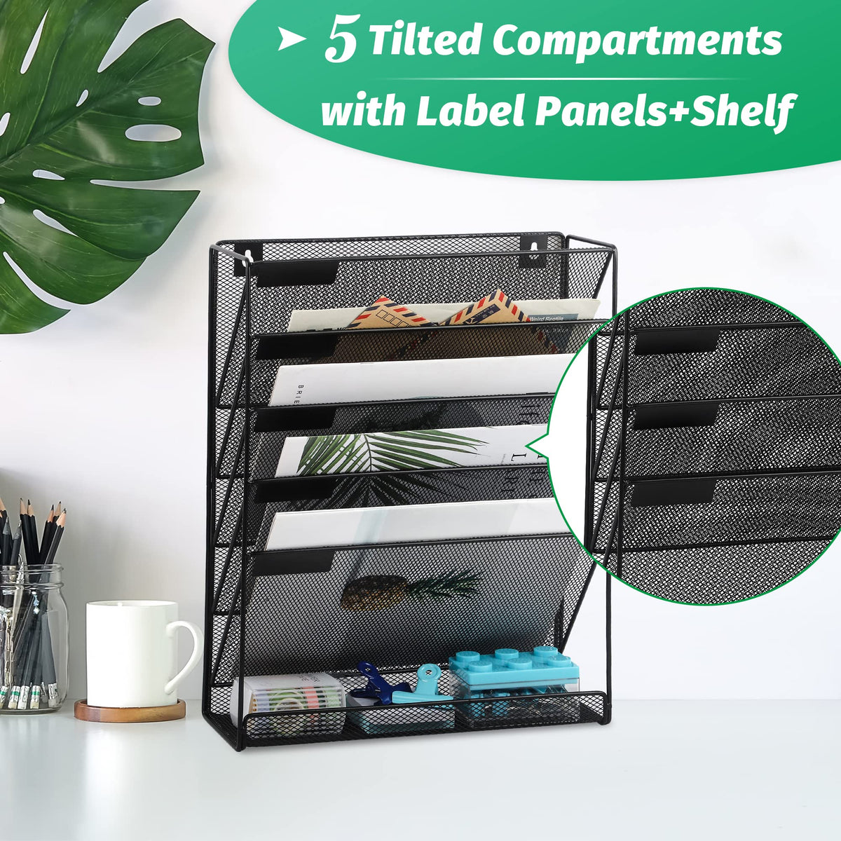 EASEPRES Desk File Organizer Mesh 6-Tier, Hanging Wall Mount Document Organization Stand, Desktop