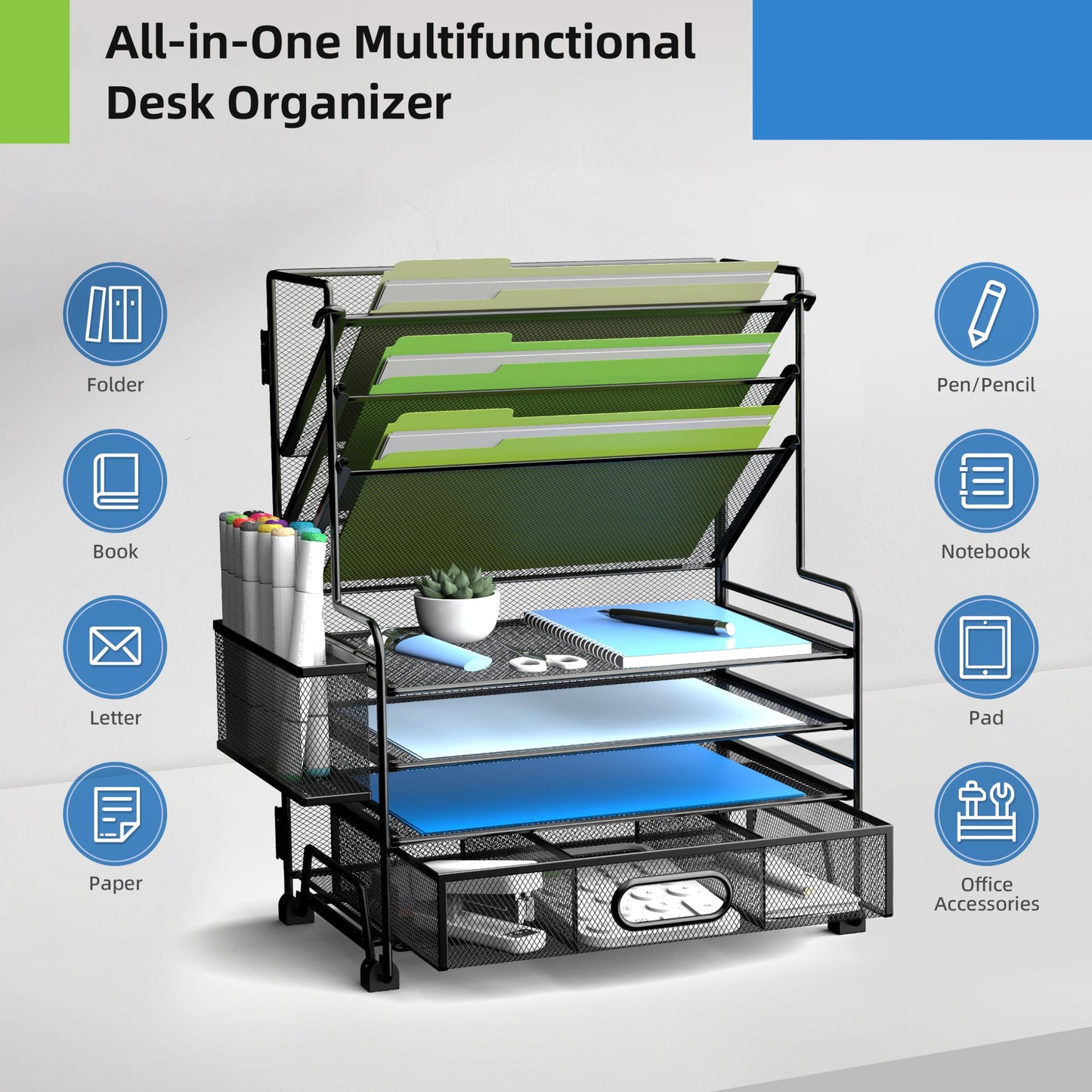 MINDEPOT 4-Tier Paper Organizer + 3-Pocket File Holder + Drawer + Pen Holders, Desktop File