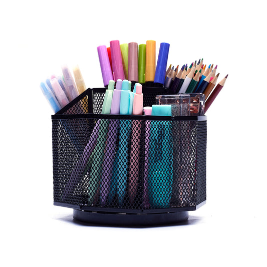 Exerz Desk Organizer 360 Rotating Pen Holder 5 Compartments Caddy Black