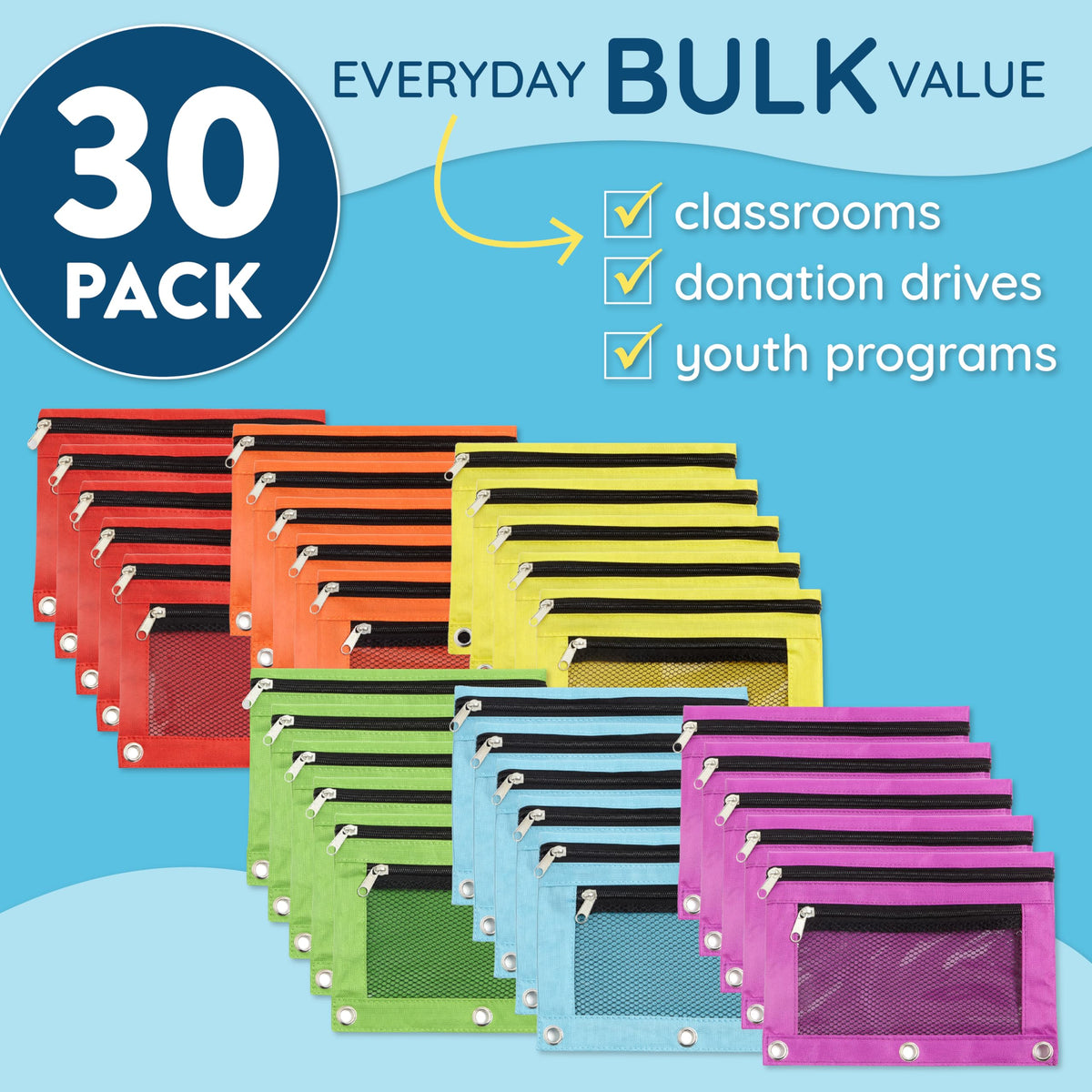 Blue Summit Supplies 30 Pencil Pouches, 3 Ring, Mesh Window, Assorted