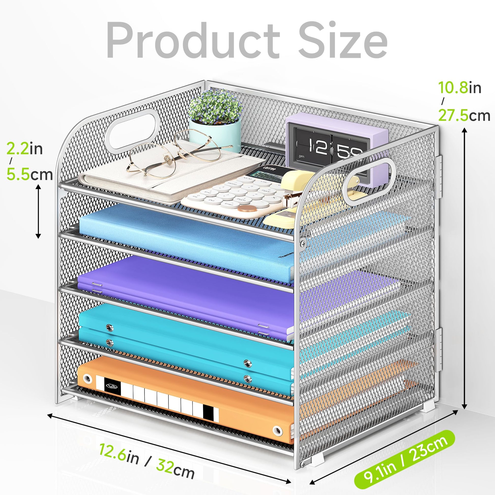 Cawukege 5 Tier Paper Organizer with Handle, Silver Metal Mesh Desk Organizer File Folder Paper