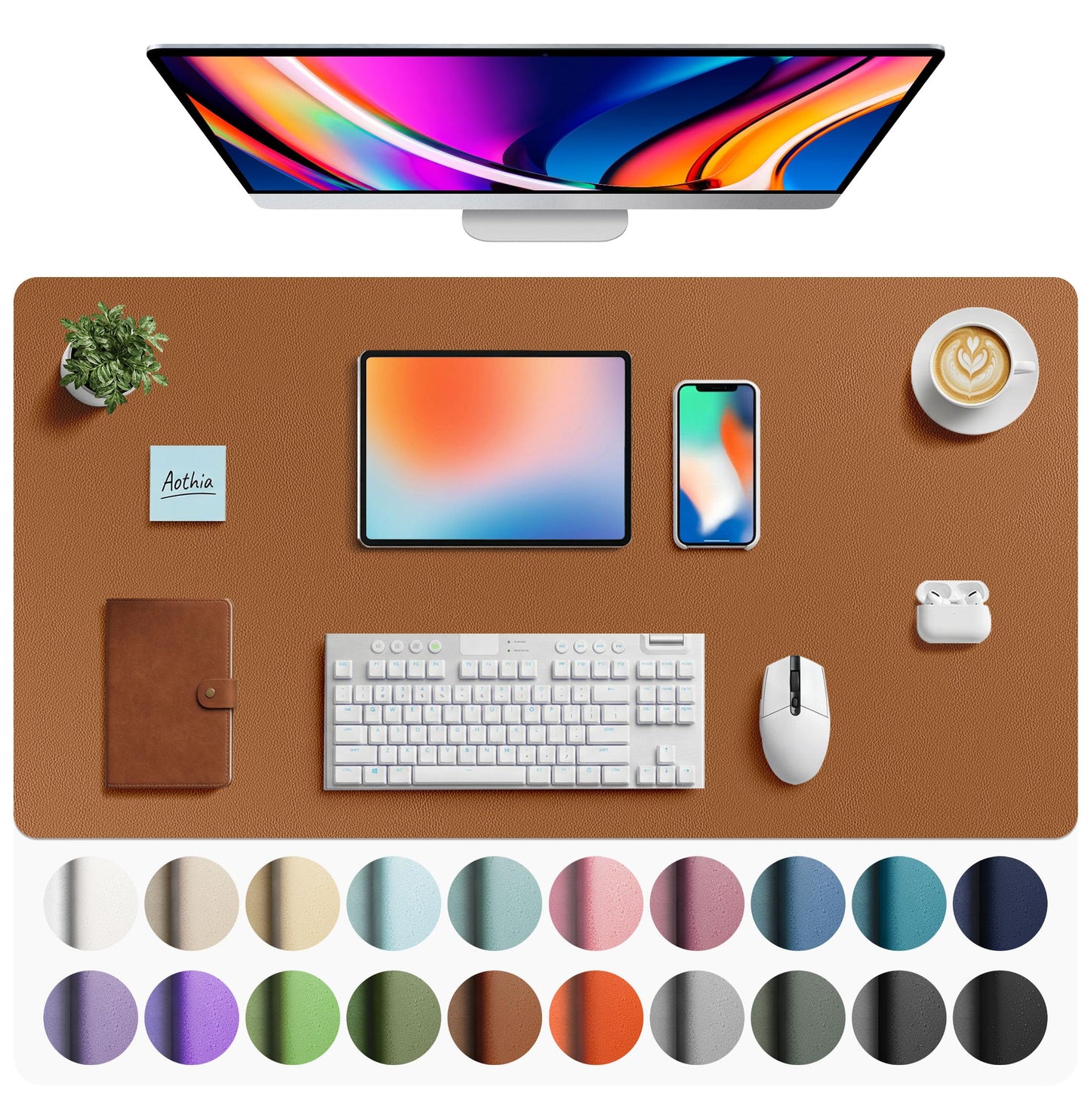 Aothia Faux Leather Desk Mat - Large Mouse Pad, Non-Slip PU Leather Blotter, Waterproof Writing