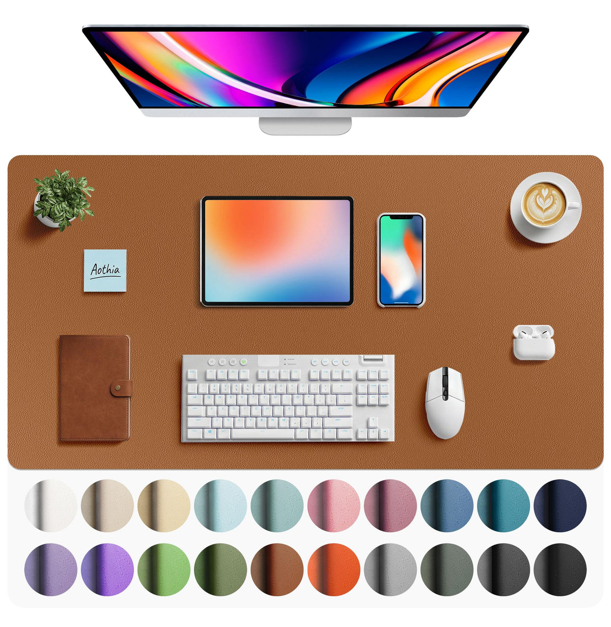Aothia Faux Leather Desk Mat - Large Mouse Pad, Non-Slip PU Leather Blotter, Waterproof Writing