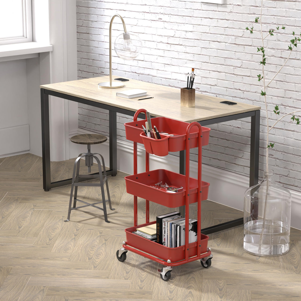 Simple Houseware 3-Tier Rolling Utility Cart with Hanging Bucket, Red