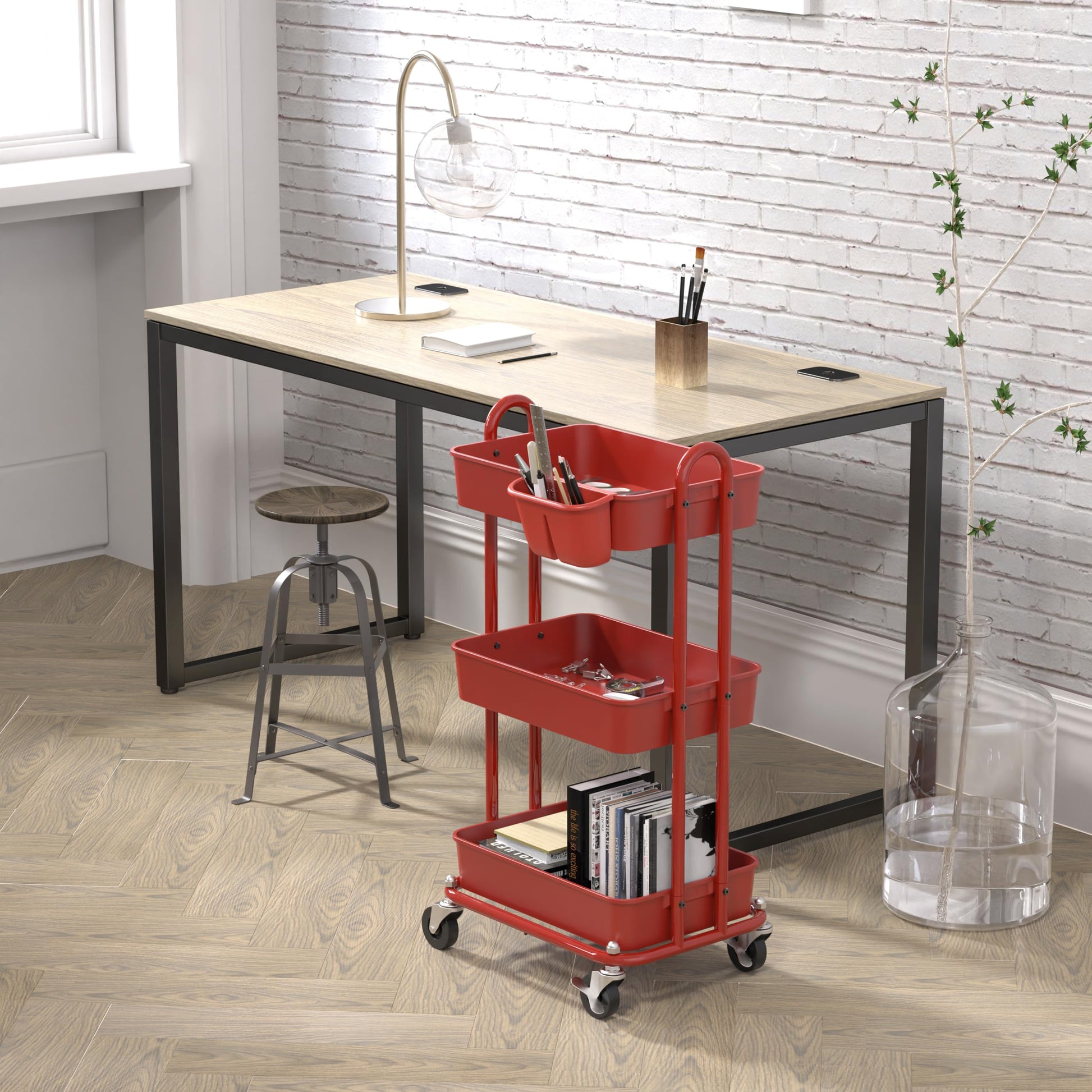 Simple Houseware 3-Tier Rolling Utility Cart with Hanging Bucket, Red