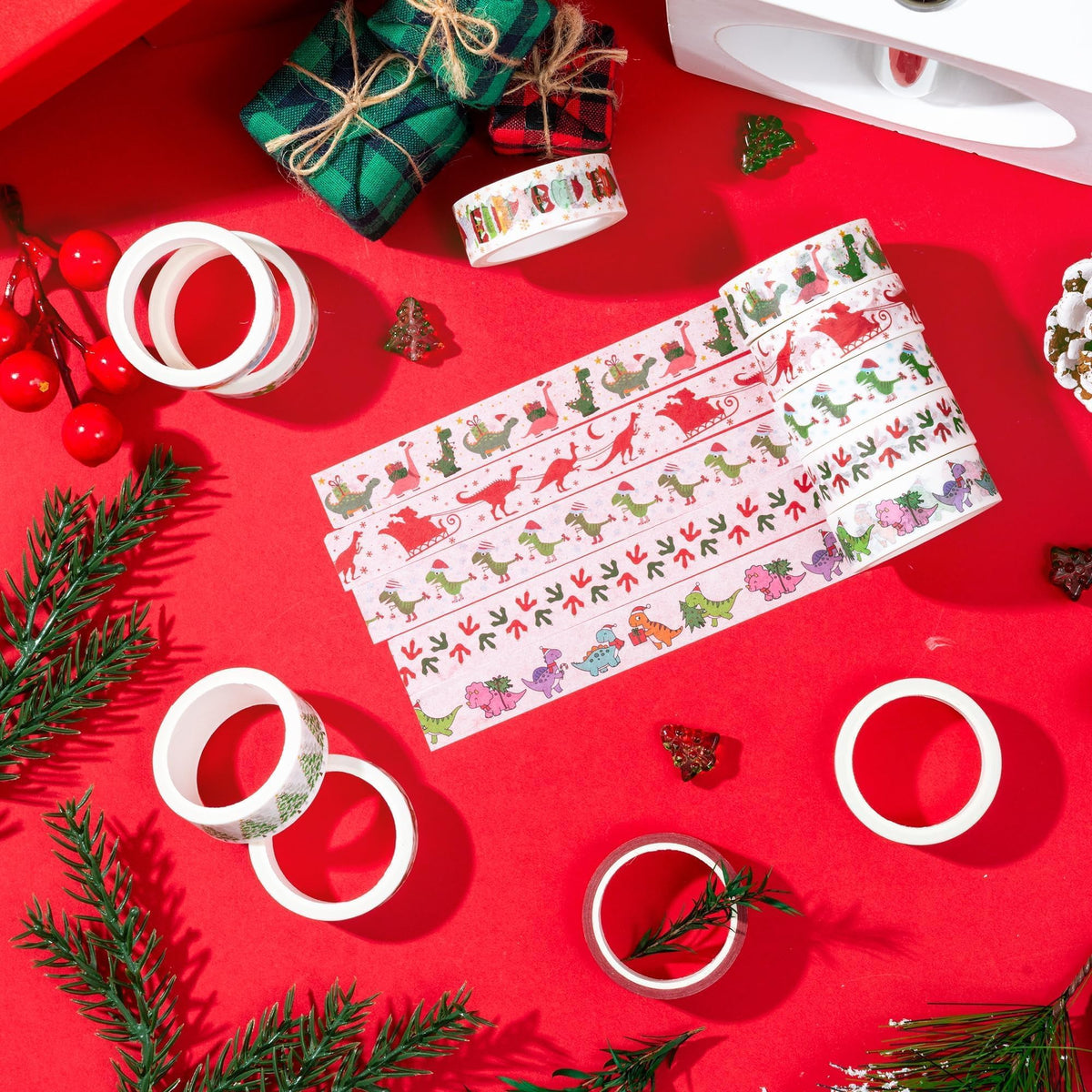 BkeeCten Christmas Dinosaur Washi Tape - 12 Rolls Dinosaur Footprints Christmas Trees Designs, Free