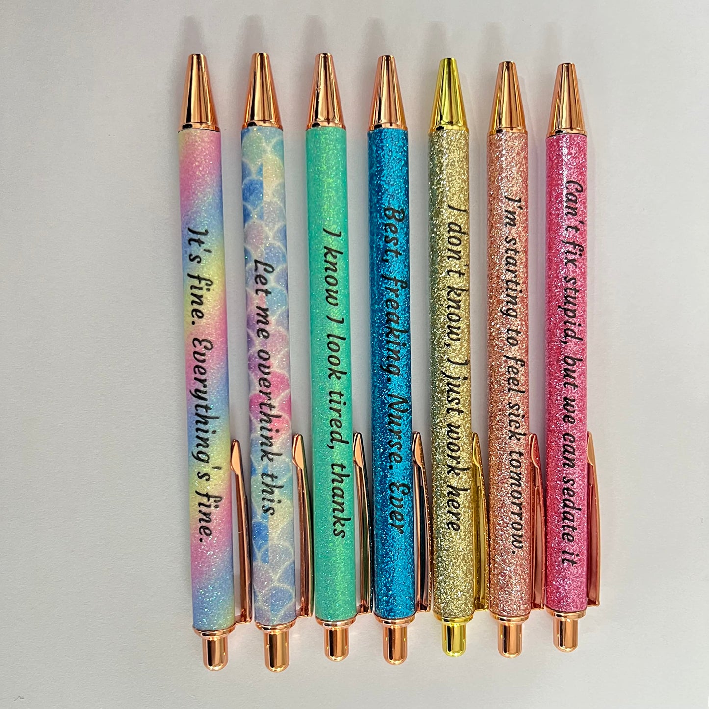Jxueych 7 Piece Shiny Metal Ballpoint Pens Set - Funny Sarcastic Quotes for Nurses, Office & Gifts