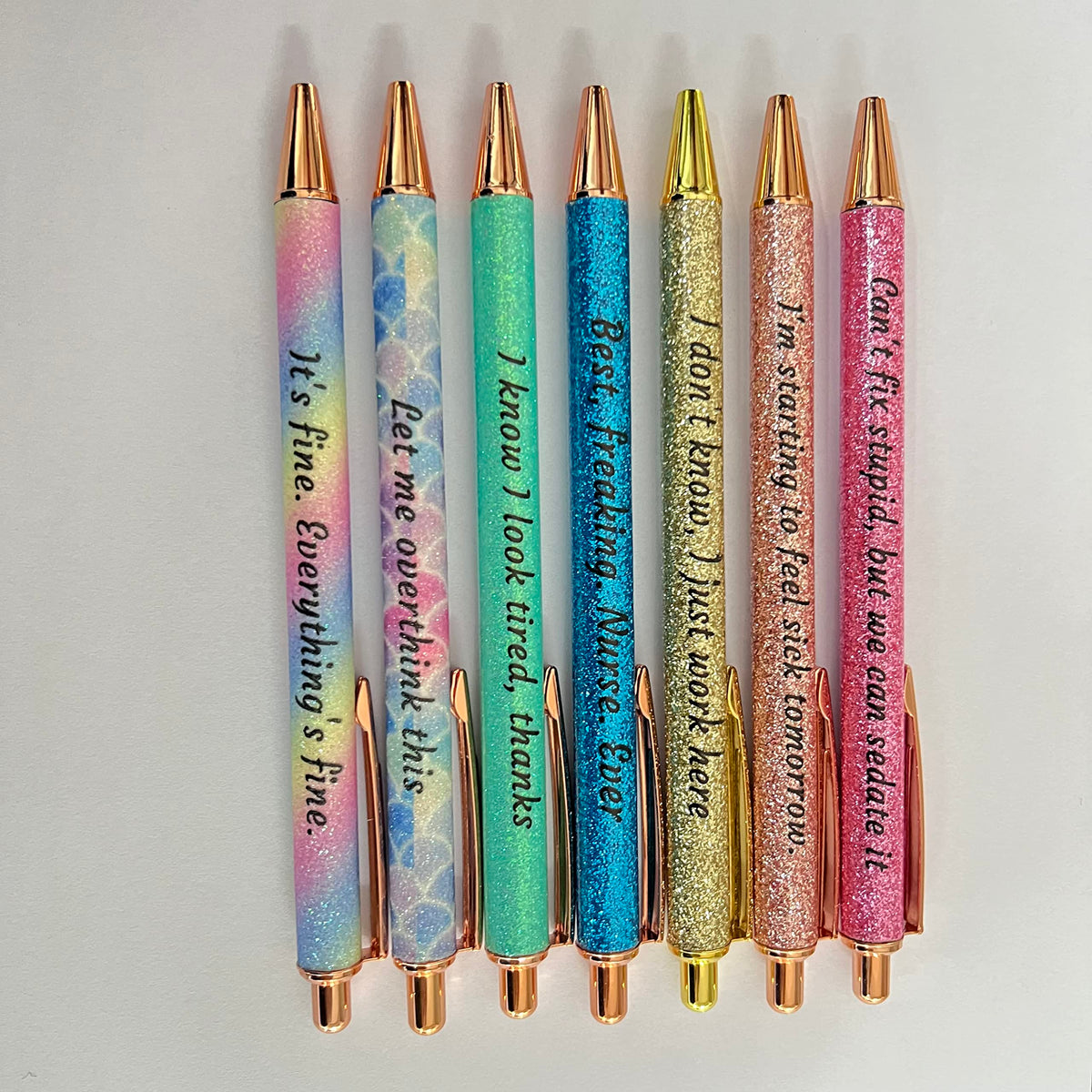 Jxueych 7 Piece Shiny Metal Ballpoint Pens Set - Funny Sarcastic Quotes for Nurses, Office & Gifts