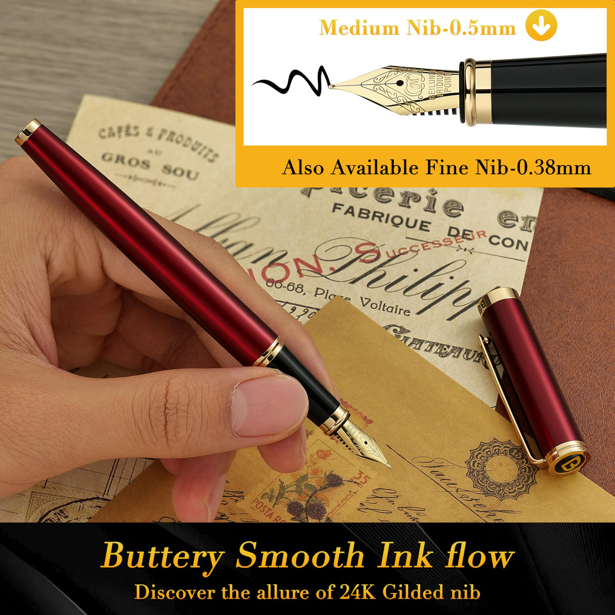 BEILUNER Red Fountain Pen,Stunning Luxury Pens with 24K Gold Finish, Gorgeous 24K Gilded