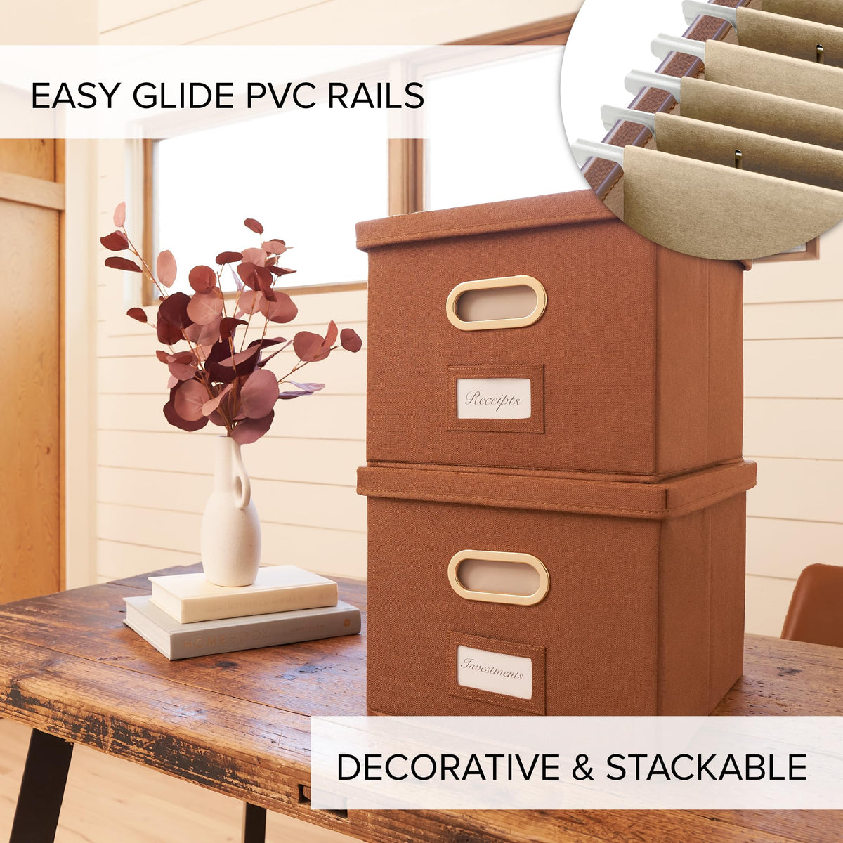 Decorative File Organizer Box Set of 2 - Collapsible Linen Filing Cabinets