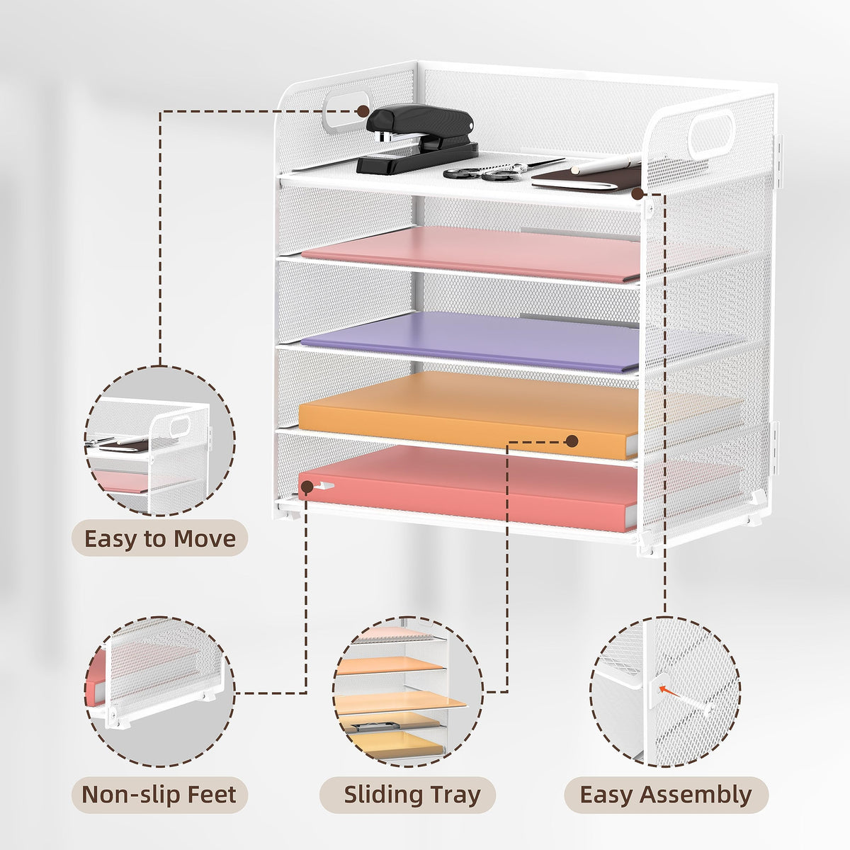 2 Pack 5-Tier White Desk Organizer with Handle Mesh Desk File/Paper Organizer Letter Tray for