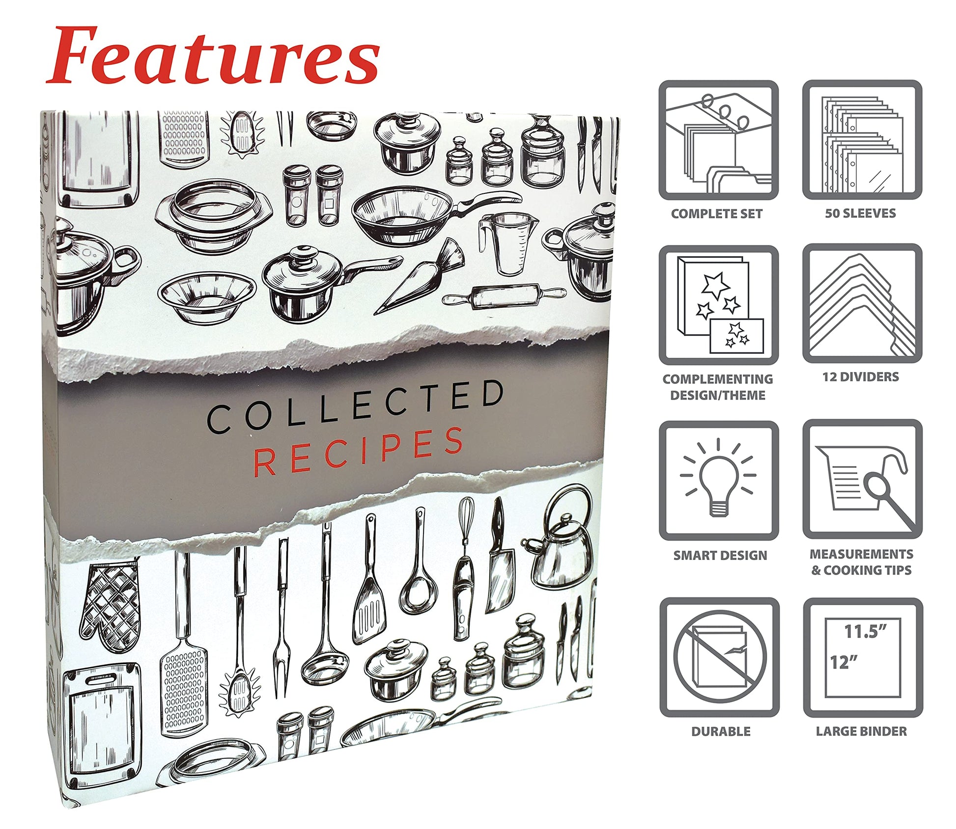 Better Kitchen Products Recipe Binder, Full Page 3 Ring Standard Binder Organizer Set (with 50 Page