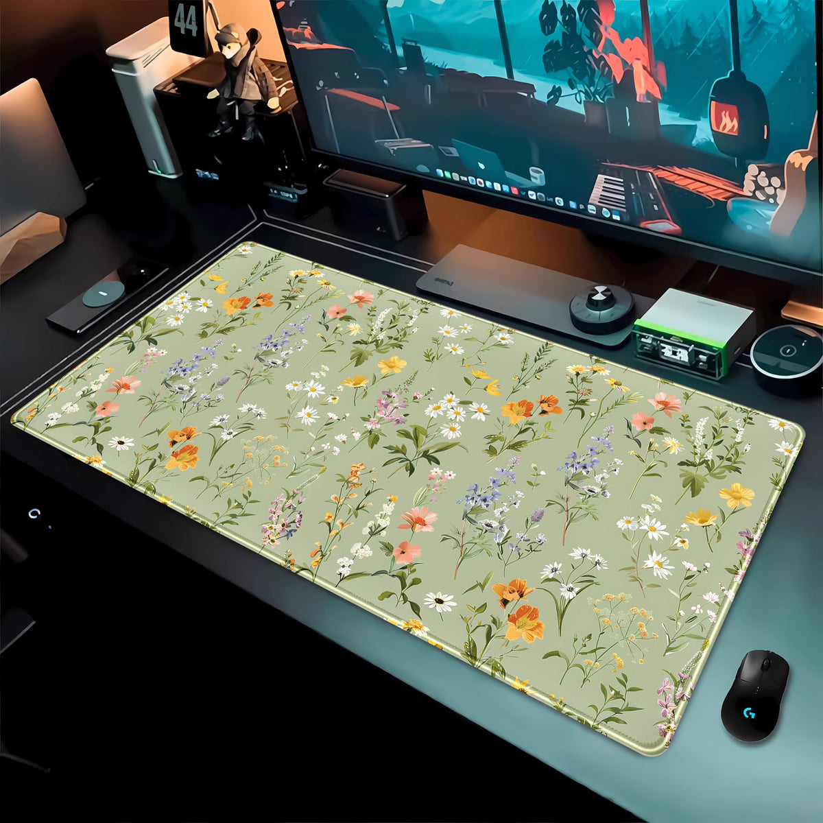 Cute Green Large Gaming Mouse Pad XXL Mousepad Sage Desk Mat with Stitched Edges, Aesthetic